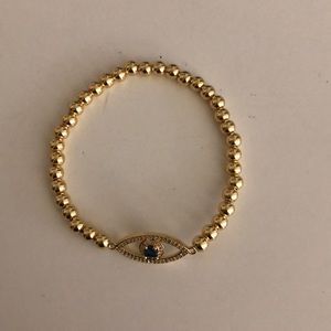 Gold Bead Adjustable Bracelet with Evil Eye